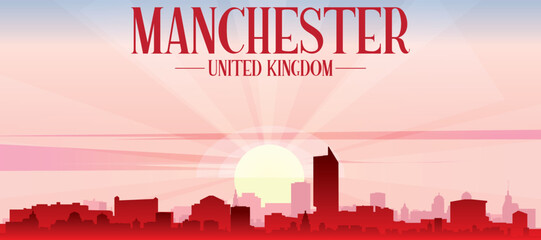 Fototapeta premium Red panoramic poster of the city skyline with misty background buildings, sunrise, moon and clouds of MANCHESTER, UNITED KINGDOM