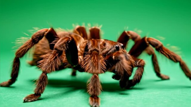 Close-up of a brown tarantula spider with long hairs on its legs and body against a vibrant green background, highlighting its intricate details and texture