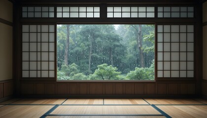 Japanese room windows with rain, classic shoji screens, raindrops on glass, warm wooden interior, tatami mats, gentle natural light, a serene and comfortable ambiance, incredibly realistic, and empty 
