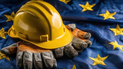 Hard hat and gloves placed on flag of Europe during construction activities in a work setting