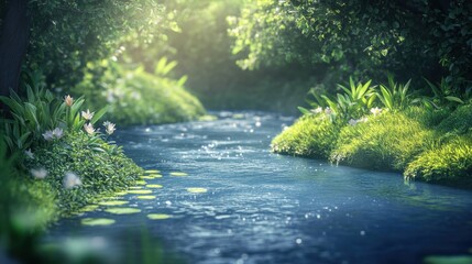 Fototapeta premium Serene Forest Stream with Delicate Flowers