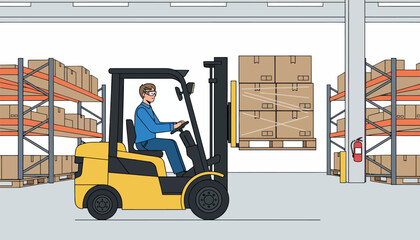 Naklejka premium Warehouse worker efficiently operating forklift in busy storage facility