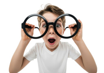 Young caucasian boy, 7, freckles, white t-shirt, dramatically holds oversized black novelty glasses, wide-angle low-angle studio portrait on a transparent background. Concept of exaggerated childhood