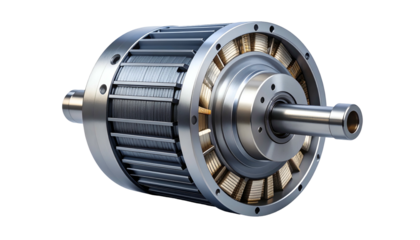 Detailed view of a metallic cylindrical rotor with stator windings, exposed to display internal structure