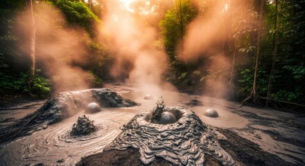 Obraz premium Active mud volcano bubbling in a prehistoric jungle. Geothermal activity in dense forest landscape. Ancient world and nature concept.