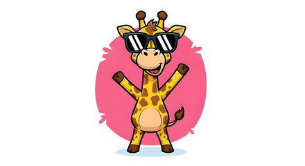 Obraz premium A cartoon giraffe wearing sunglasses stands in front of a pink background