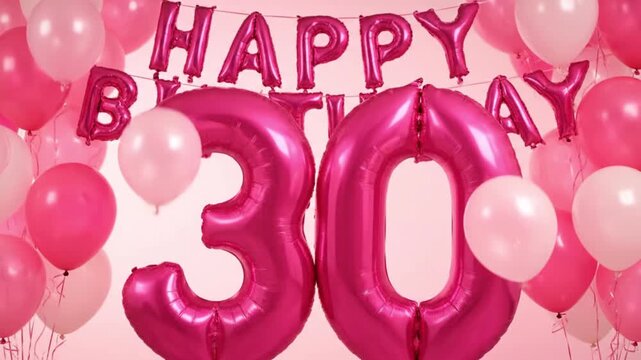 The video celebrates the 30st birthday, featuring a birthday celebration scene with a large pink number 30, the words HAPPY BIRTHDAY, and pink and white balloons.
