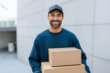 Professional delivery man holding cardboard boxes, logistics service and ecommerce concept