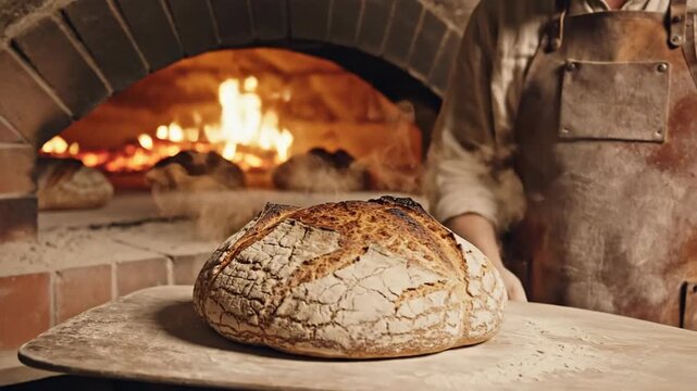Baking fresh bread loaves in brick oven traditional food preparation