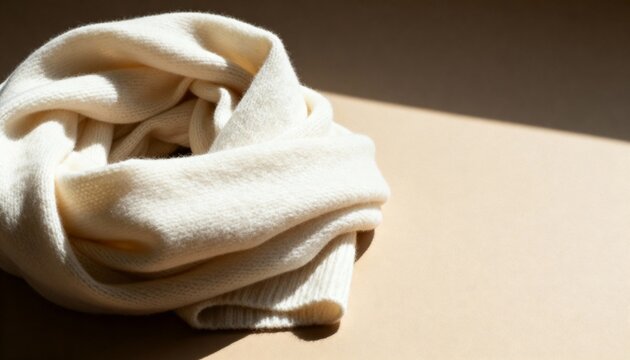 Folded white cashmere scarf or sweater on beige background. Soft knitted wool texture in sunlight. Minimalist winter fashion concept with copy space