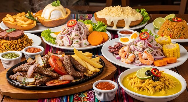 Delicious Peruvian dishes on colorful table setting with empanadas and Inca Kola