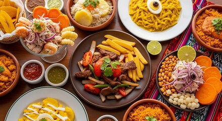 Delicious Peruvian dishes on colorful table setting with empanadas and Inca Kola