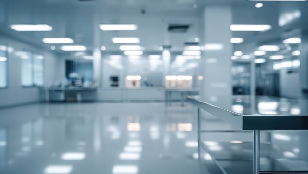 High quality photo of Empty sterile cleanroom or pharmaceutical laboratory with stainless steel table and bright lights