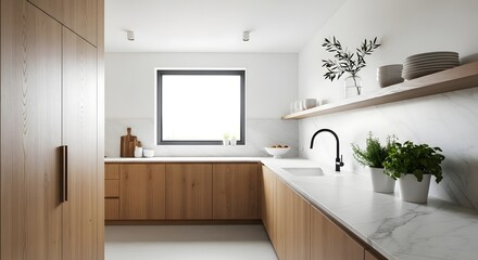 Fototapeta premium Bright and Stylish Modern Kitchen Interior Design with Natural Wooden Cabinets, White Marble Countertops, and Contemporary Fixtures, Creating a Minimalist and Inviting Home Space