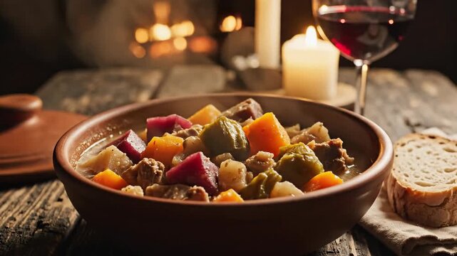 Close up of a hearty stew served with wine and bread in a rustic setting