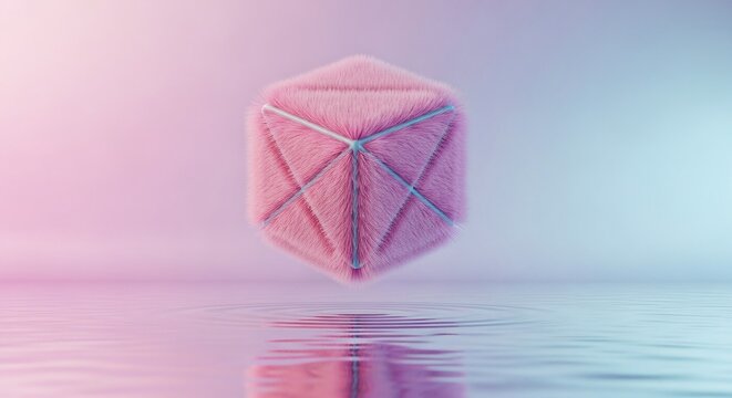 A pink fuzzy geometric cube floating above a reflective water surface with a gradient sky background - Powered by Adobe