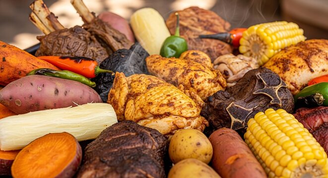 Delicious Peruvian dishes on colorful table setting with empanadas and Inca Kola
