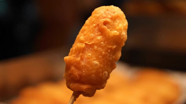 Close-up view of a golden, crispy deep-fried street food snack on a stick, highlighting the appetizing texture and color of the hot batter.