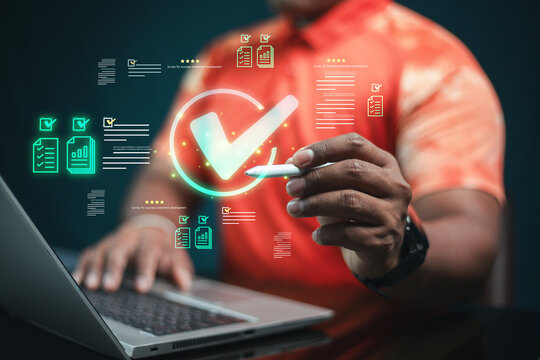 Business-minded concept for planning and managing digital checklists and quality assurance systems, reviewing work and documents for approval with maximum satisfaction scores to meet international sta
