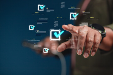 Obraz premium Business-minded concept for planning and managing digital checklists and quality assurance systems, reviewing work and documents for approval with maximum satisfaction scores to meet international sta