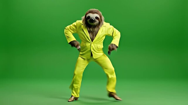 Funny sloth dancing confidently while wearing a bright yellow suit on a green background. Surreal animal character concept combining humor, fashion, movement, and creative entertainment visuals.