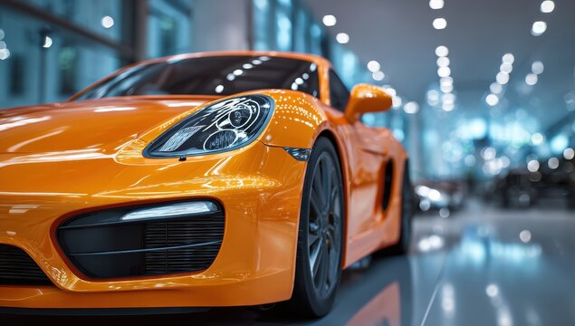 High quality photo of Bright orange luxury sports car parked in a modern showroom with blurred lighting background