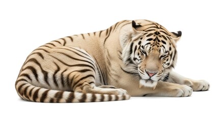 Obraz premium White tiger resting, animal isolated on white background. Wildcat laying down for zoo, wildlife preservation, or nature documentary concept.
