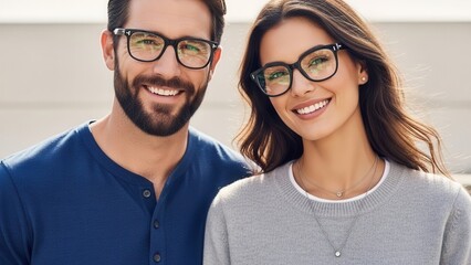 Couple Wearing Glasses Smiling Outdoors