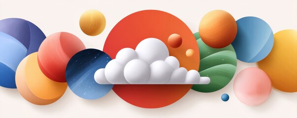Isometric cloud icon surrounded by colorful circles in abstract digital design for stock image collection