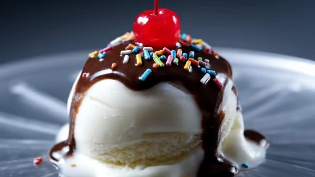 Close-up of a classic ice cream sundae featuring a scoop of vanilla ice cream, rich dripping chocolate syrup, colorful sprinkles, and a bright red maraschino cherry on top.