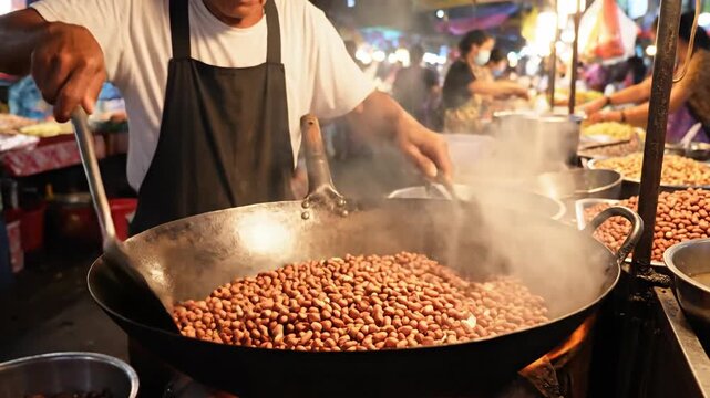 Cooking peanuts in a large wok at a street food market stall with focused view