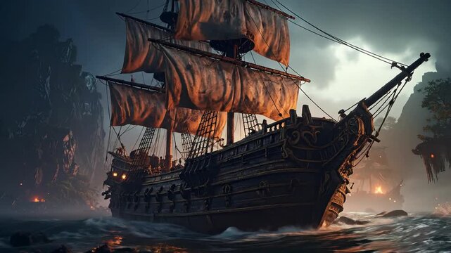 A tall sailing vessel navigates stormy seas near a rocky coast, under a dramatic, overcast sky