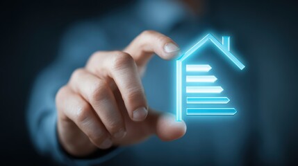 Man holding a glowing house icon with energy efficiency rating bars