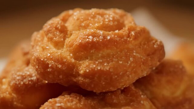 Extreme close-up of crispy golden fried rosette pastry generously dusted with granulated crystalline sugar, sweet traditional dessert or snack food.