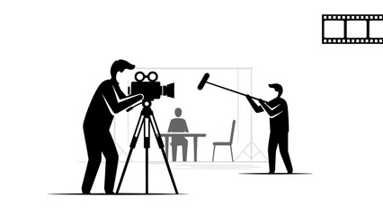 Filmmaking crew recording a scene with camera and boom microphone. © Diati