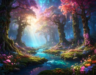 Fototapeta premium A vibrant, fantastical forest scene with a sparkling blue stream and luminous, pink-flowered trees under a starry sky