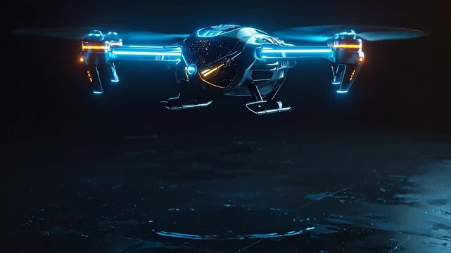 A futuristic drone showcasing sleek design, glowing neon accents, and a reflective surface, in a dark setting
