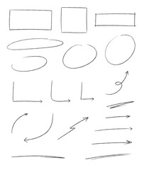 A Set of Pencil thin line art, boxes, circles, arrows: Hand-drawn pencil crayon, rough chalk underline, long round, sketching elements on a transparent background © Aniu Studio