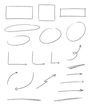 A Set of Pencil thin line art, boxes, circles, arrows: Hand-drawn pencil crayon, rough chalk underline, long round, sketching elements on a transparent background