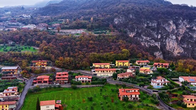 Aerial view of one of the villages near the mountains of Lake Iseo in Lombardy, Italy.