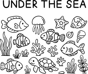 Sea creatures coloring page set for kids. Cute ocean animals underwater line art collection.