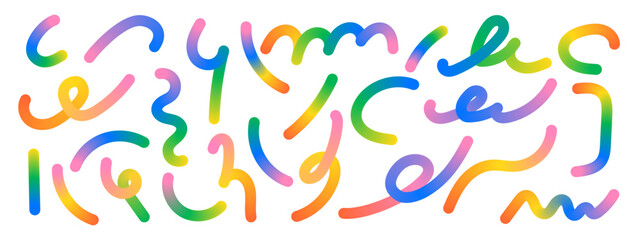 Colorful abstract swirl set. Wavy line ribbons and gradient pattern elements for playful backgrounds. Squiggly vector elements. © MandarinkaArt