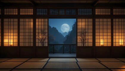 Japanese room windows at night, shining paper lanterns inside, soft, warm light, classic shoji screens, tatami mat flooring, a very genuine, peaceful, and unoccupied atmosphere