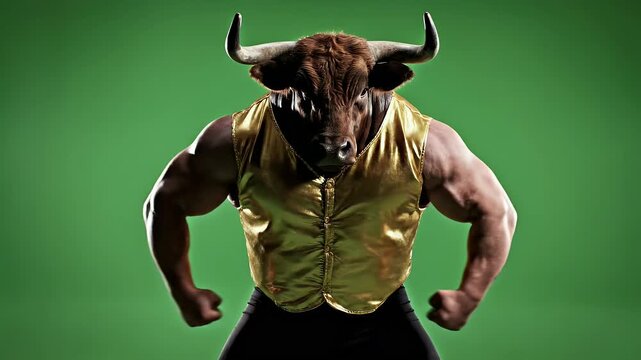 A muscular minotaur figure with a bull's head and a gold vest poses against a green backdrop.