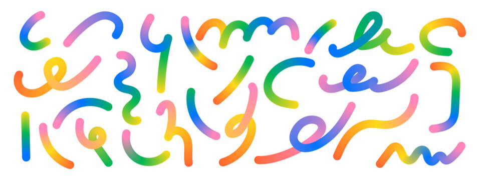 Colorful abstract swirl set. Wavy line ribbons and gradient pattern elements for playful backgrounds. Squiggly vector elements.