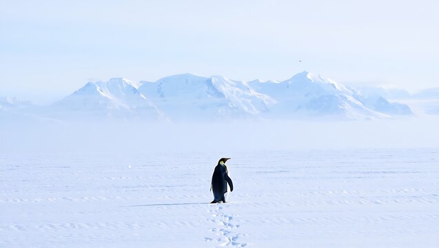 a lone penguin moving towards a mountains in wast antartica, disoriented and deranged 2007