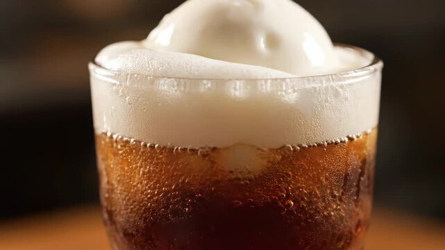 Refreshing Ice Cream Float Close-up. Dark Fizzy Beverage Topped with a Scoop of Vanilla Ice Cream and Frothy Foam in a Glass.