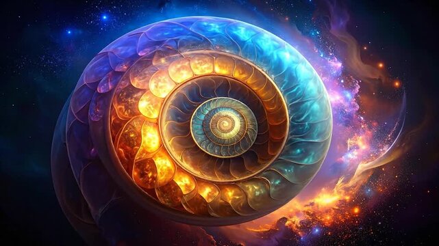 A cosmic nautilus shell radiates colors against the dark cosmos, showcasing spiral patterns