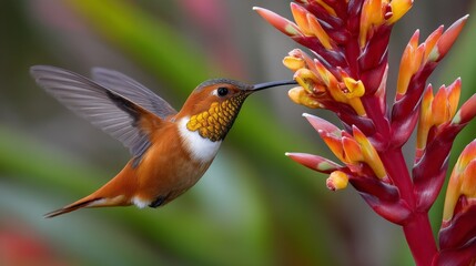 Fototapeta premium A hummingbird is perched on a red flower