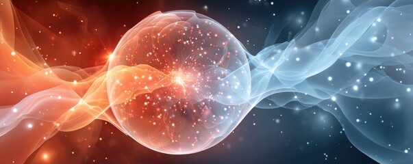 Abstract energy visualization with glowing orb and flowing orange and blue waves for futuristic digital art